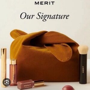 Merit Beauty The Signature Bag Brown Knot Corduroy Makeup Toiletry Pouch Travel